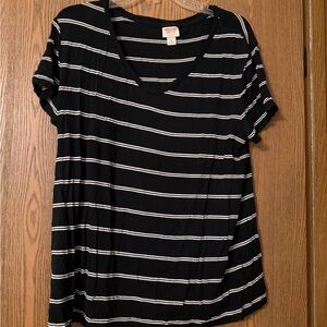 Women's Black and White Striped V Neck Top